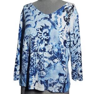 Blue Pattered Beaded Knit Top Size Large